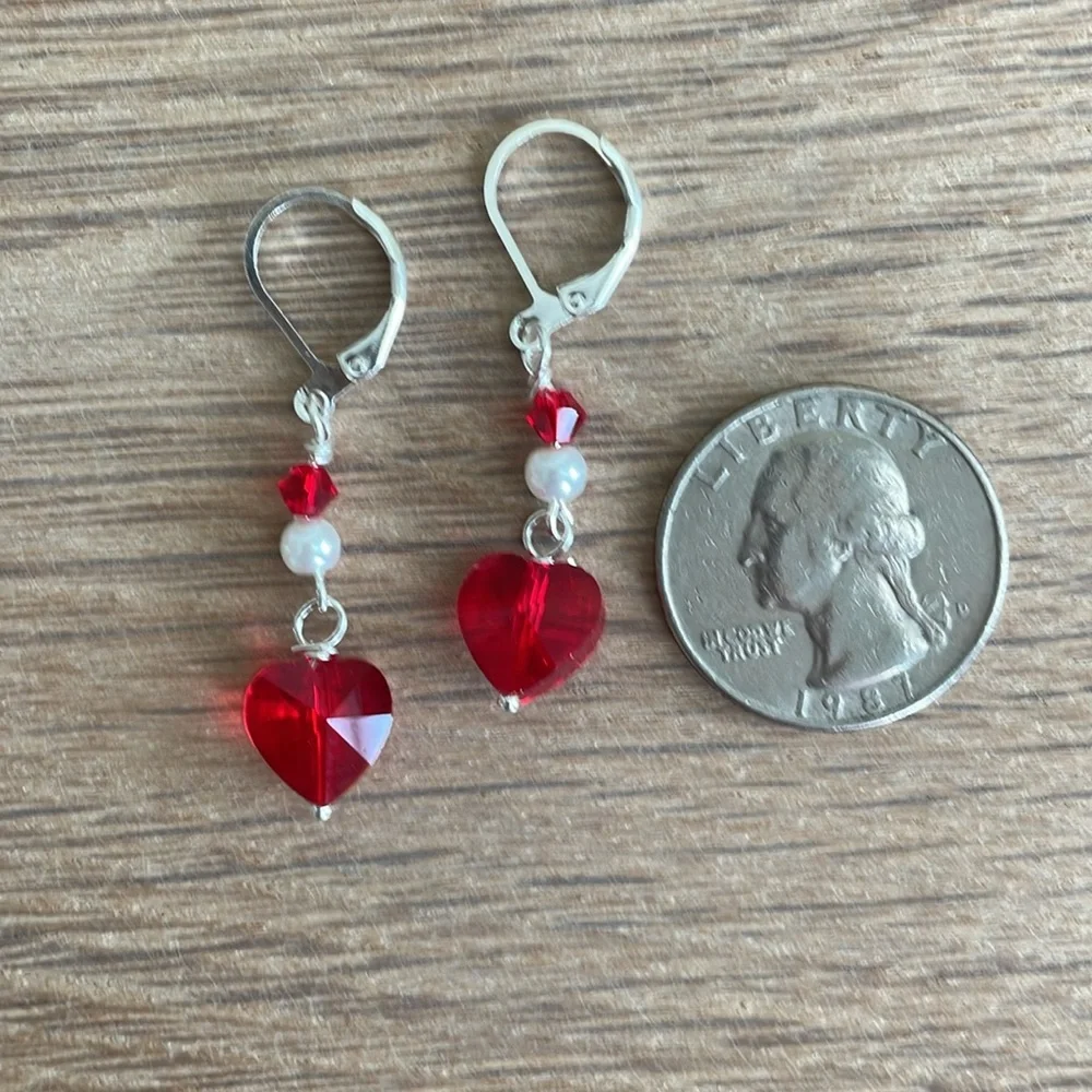 HAND CRAFTED RED HEARTS & WHITE PEARLS EARRINGS